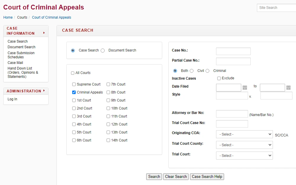 A screenshot of the Court of Criminal Appeals Case Search that can be searched by providing the case number, date range, attorney or bar number, trial court case number, originating COA, and other details.