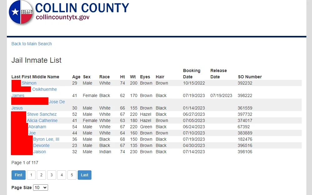 A screenshot of the list of current jail inmates and inmates released in the last 24 hours showing the inmates' name, age, sex, race, height, weight, eyes, hair color, booking date, release date, SO number, and a link which will lead to a more thorough description about the inmate.