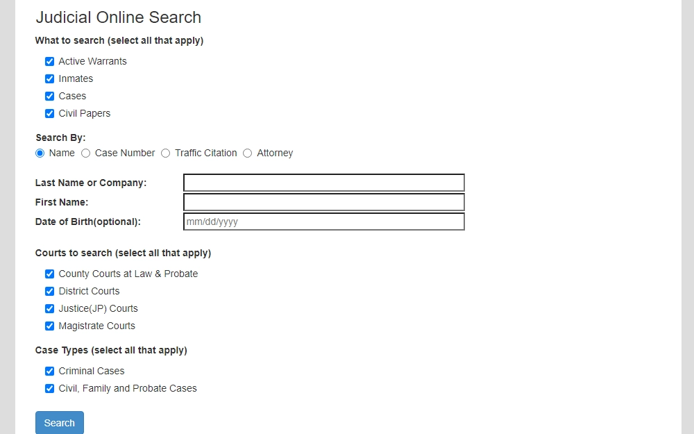A screenshot of the Judicial Online Search Platform for Collin County, where an individual can search for active warrants, inmates, cases, and civil papers by providing the name, case number, traffic citation, or the attorney's name.