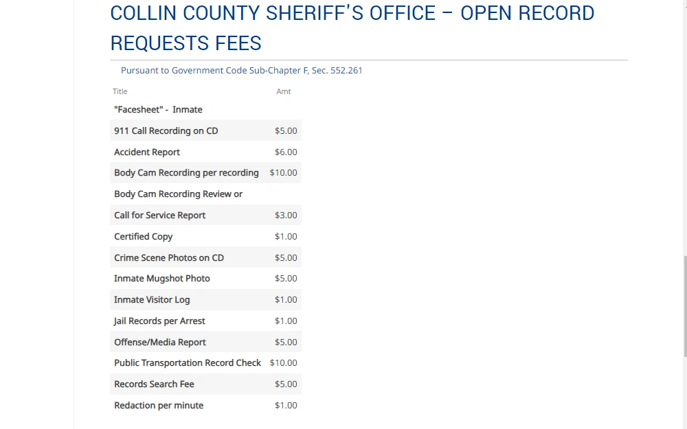 A screenshot showing a list of fees that an individual will be charged when requesting a specific type of record. 