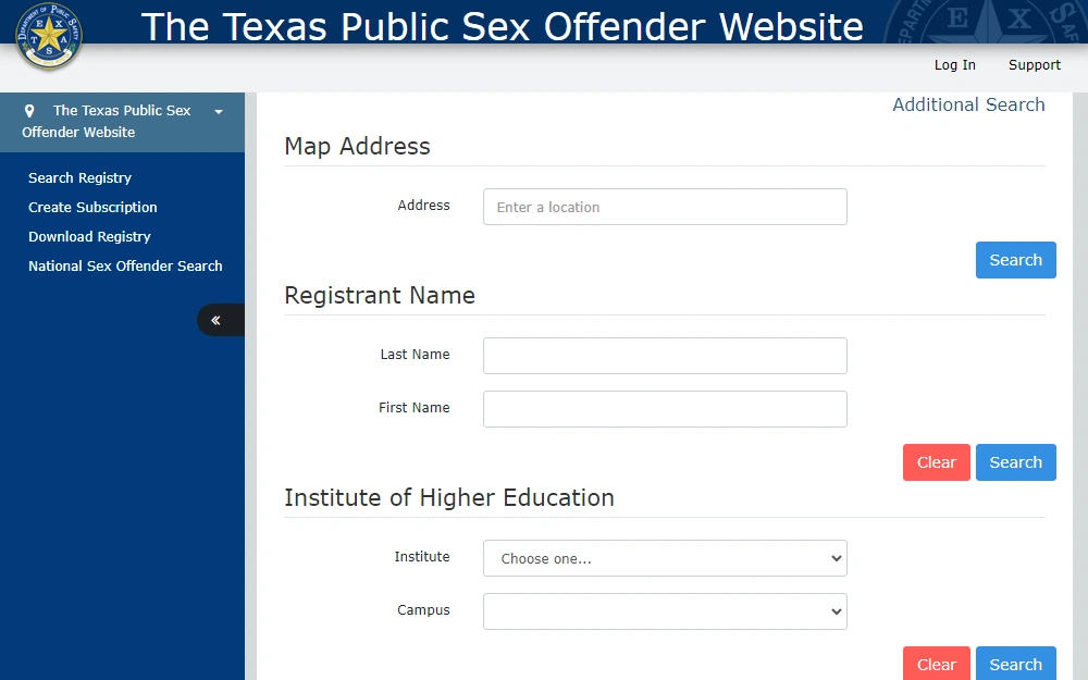A screenshot of the Texas Public Sex Offender Website where someone can search for a sex offender by providing the map address, registrant's first and last name, or Institute of Higher Education.