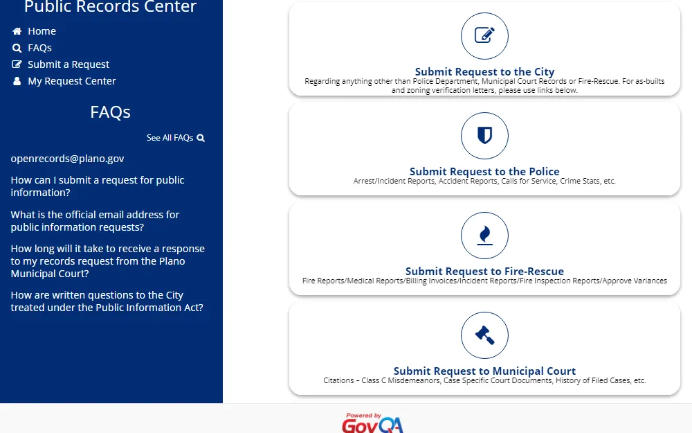 A screenshot of the Records Center website on the Submit a Request webpage shows that someone can submit a request to any department based on the type of records one requests.