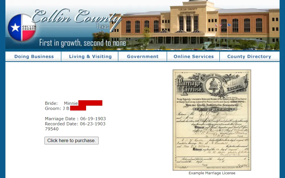 Screenshot of a couple's archived record of marriage, displaying the names of both bride and groom, marriage date, recorded date, and a sample certificate preview.