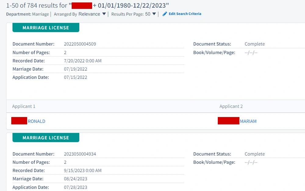Screenshot of the license search results displaying the applicants' names, document status and number, and dates of marriage, application, and recording.