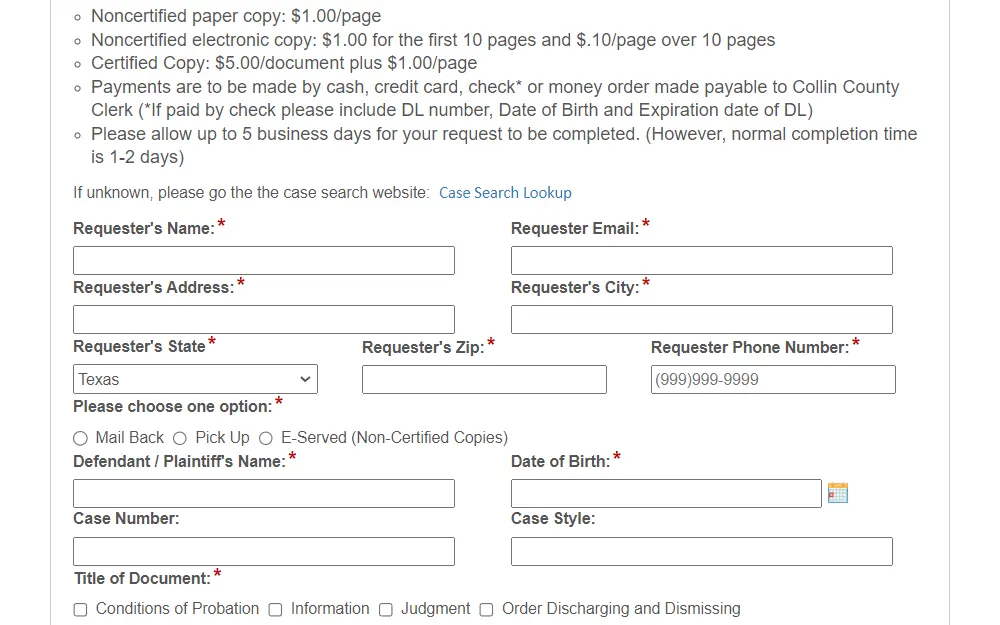 Screenshot of the online submission form for record request showing a few reminders, and displaying fields for requestor and case information.