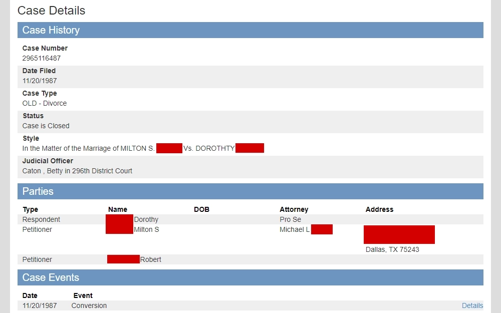 Screenshot of from Collin County District Clerk, showing a case detail from the search results, displaying the case history composed of case number, filing date, case type, status, style, and judicial officer; parties, including type, name, DOB, attorney, and address; and case events including the corresponding date.