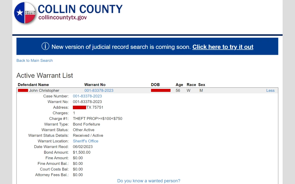 A county's active warrant database shows detailed information for an individual, including the warrant number, date of birth, age, race, sex, address, specific charge, bond amount, and the warrant's status as active within the sheriff's office system.