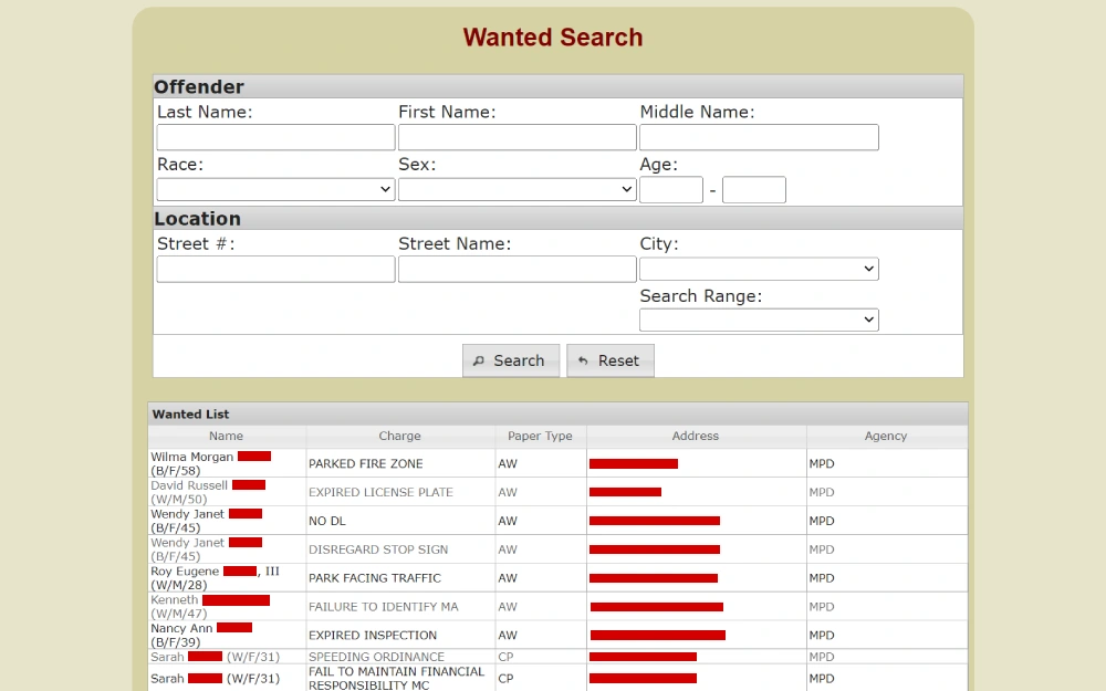 A screenshot showing a searchable database interface for locating individuals with various charges, displaying a list of names, their charges, paper issued, address, and the agency involved.