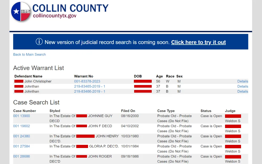 A screenshot from the Collin County Texas Judicial Record detailing an active warrant list with names, warrant numbers, dates of birth, ages, races, and genders, followed by a case search list with case numbers and details, as well as judges associated with probate case types, all listed under a notification about a new version of the judicial record search.