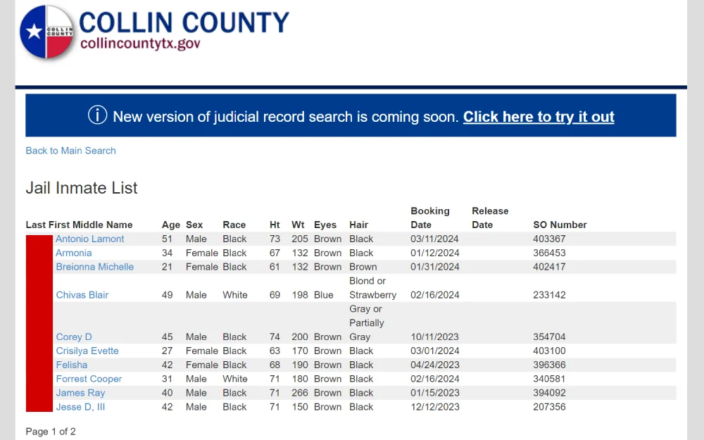 A screenshot from the Collin County Judicial Record detailing a jail inmate list with their personal details, height, weight, eye and hair color, booking date, release date, and identification number.