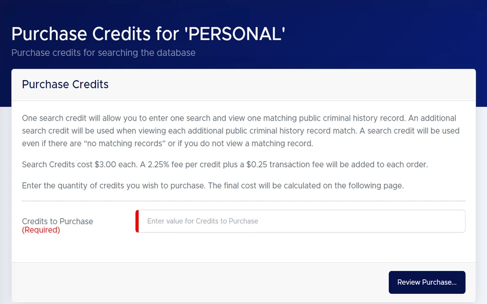 A screenshot from the Texas Department of Public Safety detailing where users can buy credits for database searches, explaining that each credit allows for one search and view of a matching public criminal history record, with a cost per credit and an additional transaction fee, including an input field for entering the number of credits to buy.