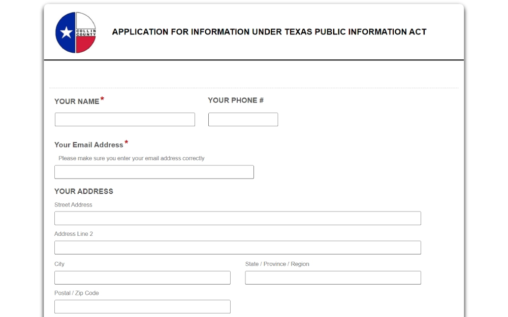 A screenshot of an application form from the Collin County Judicial Record detailing applicant's name, phone number, email address, and physical address, with a county logo at the top.