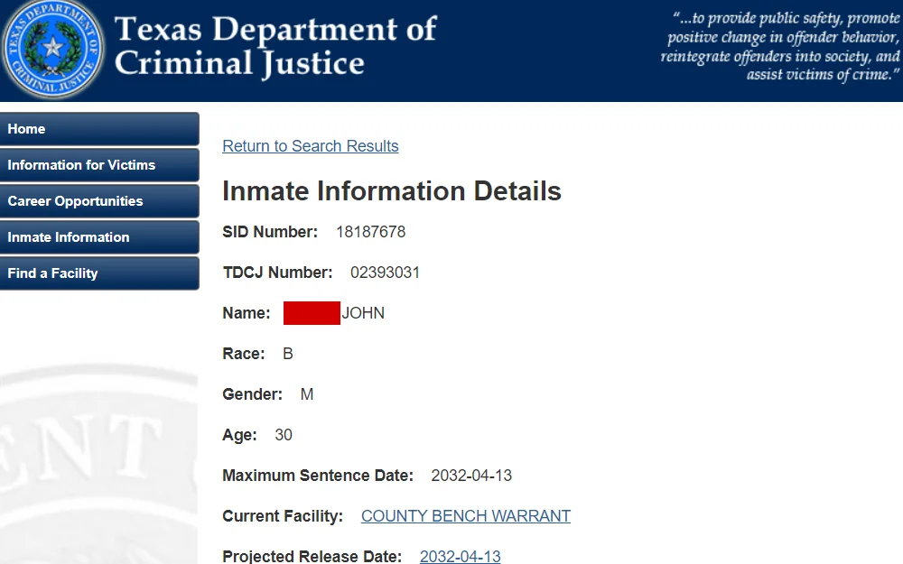 A screenshot showing an inmate's information such as their full name, age, physical description, current facility, maximum sentence date, projected release date, parole eligibility date, and other data from the Texas Department of Criminal Justice's website.